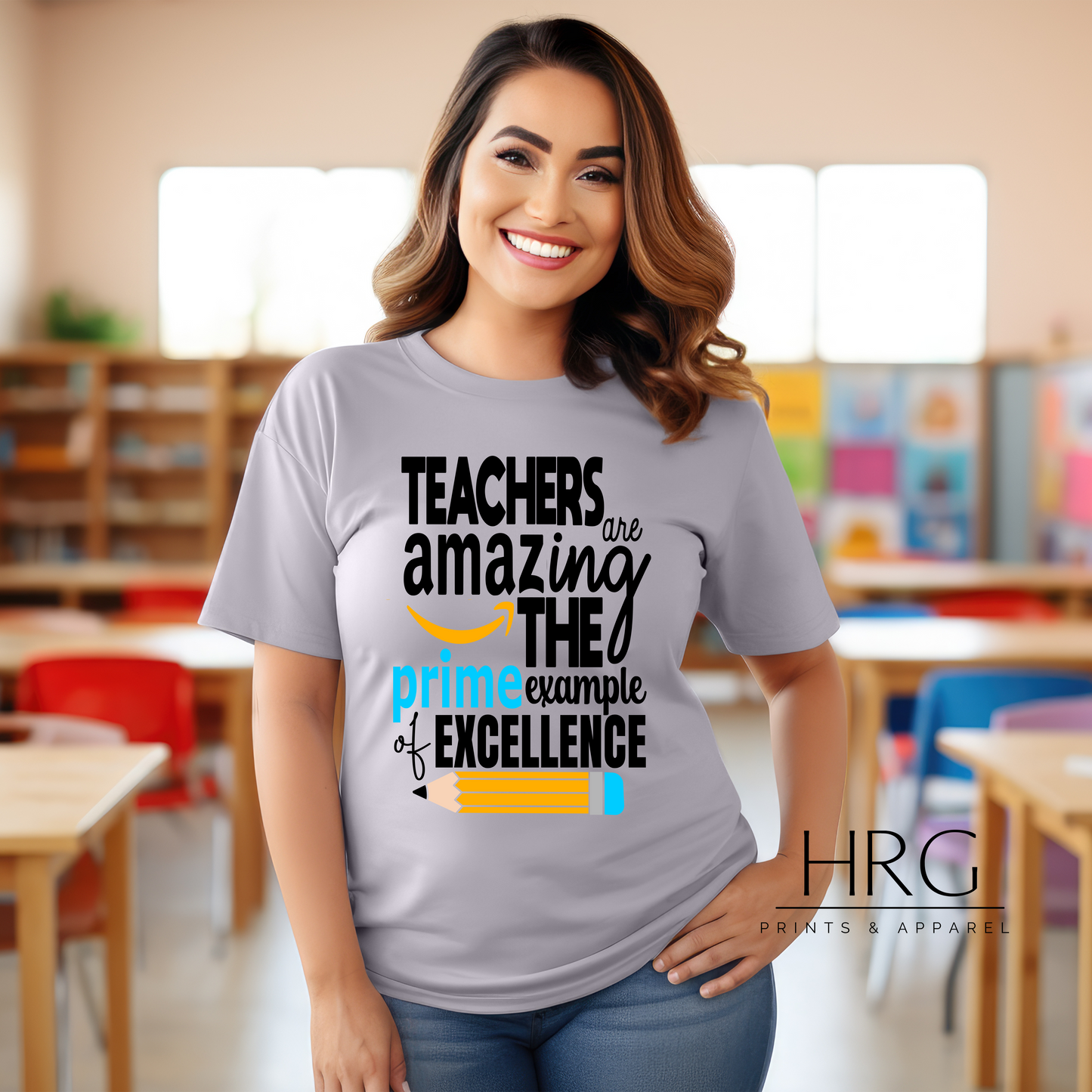 "Gray t-shirt with the phrase 'Teachers are Amazing. The Prime Example of Excellence' printed in bold black and blue lettering, celebrating the dedication and impact of educators."