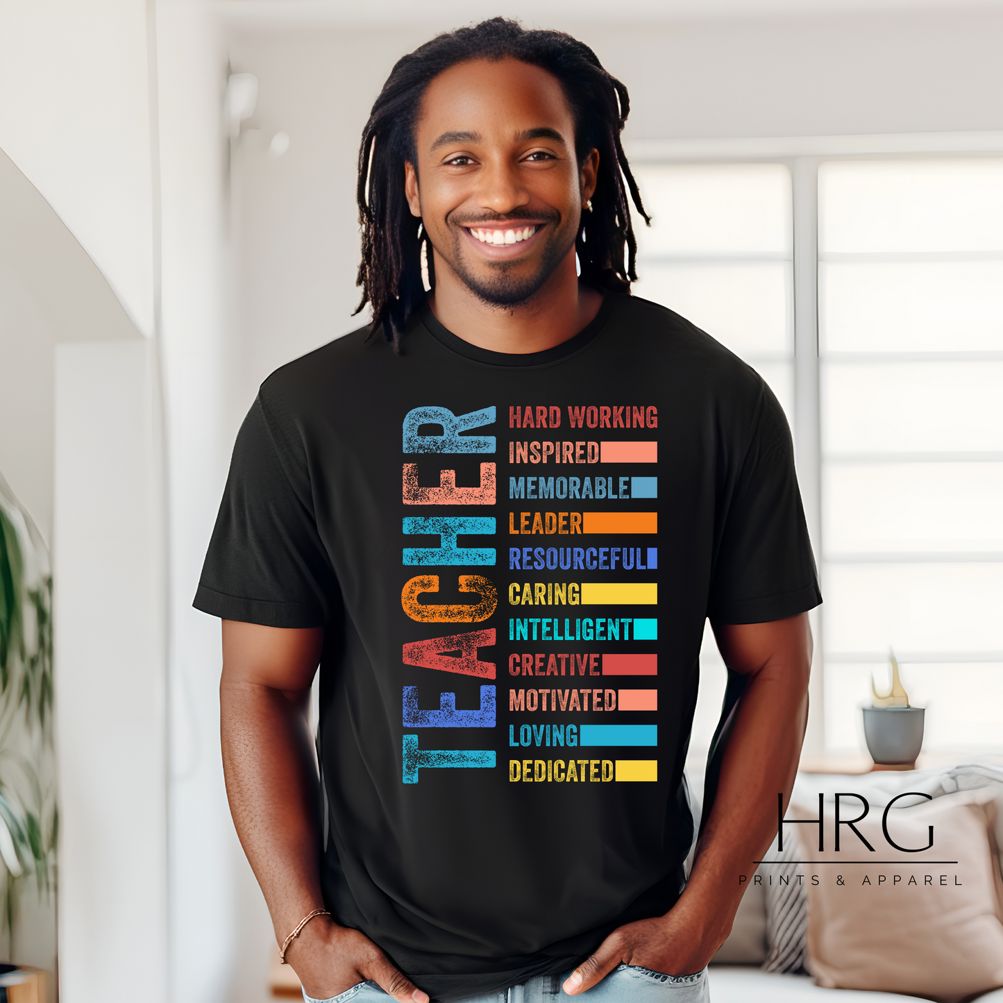 Grunge-themed t-shirt with the words 'Teacher: Hard Working, Inspired, Memorable, Leader, Resourceful, Caring, Intelligent, Creative, Motivated, Loving, Dedicated' in a bold, colorful, distressed font, celebrating the multifaceted qualities of educators.