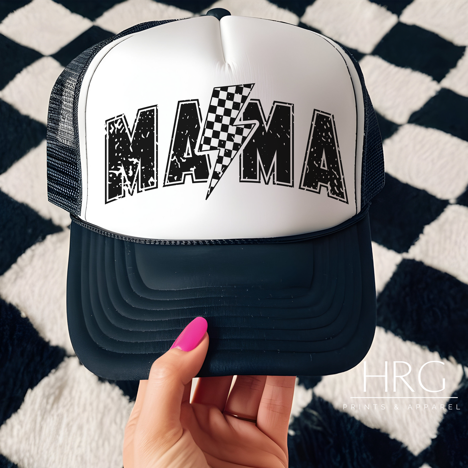 Mama trucker hat, women's trucker hat, lightning bolt hat, checkered print hat, mom life accessories, trendy mom hat, adjustable snapback hat, stylish trucker hat for moms